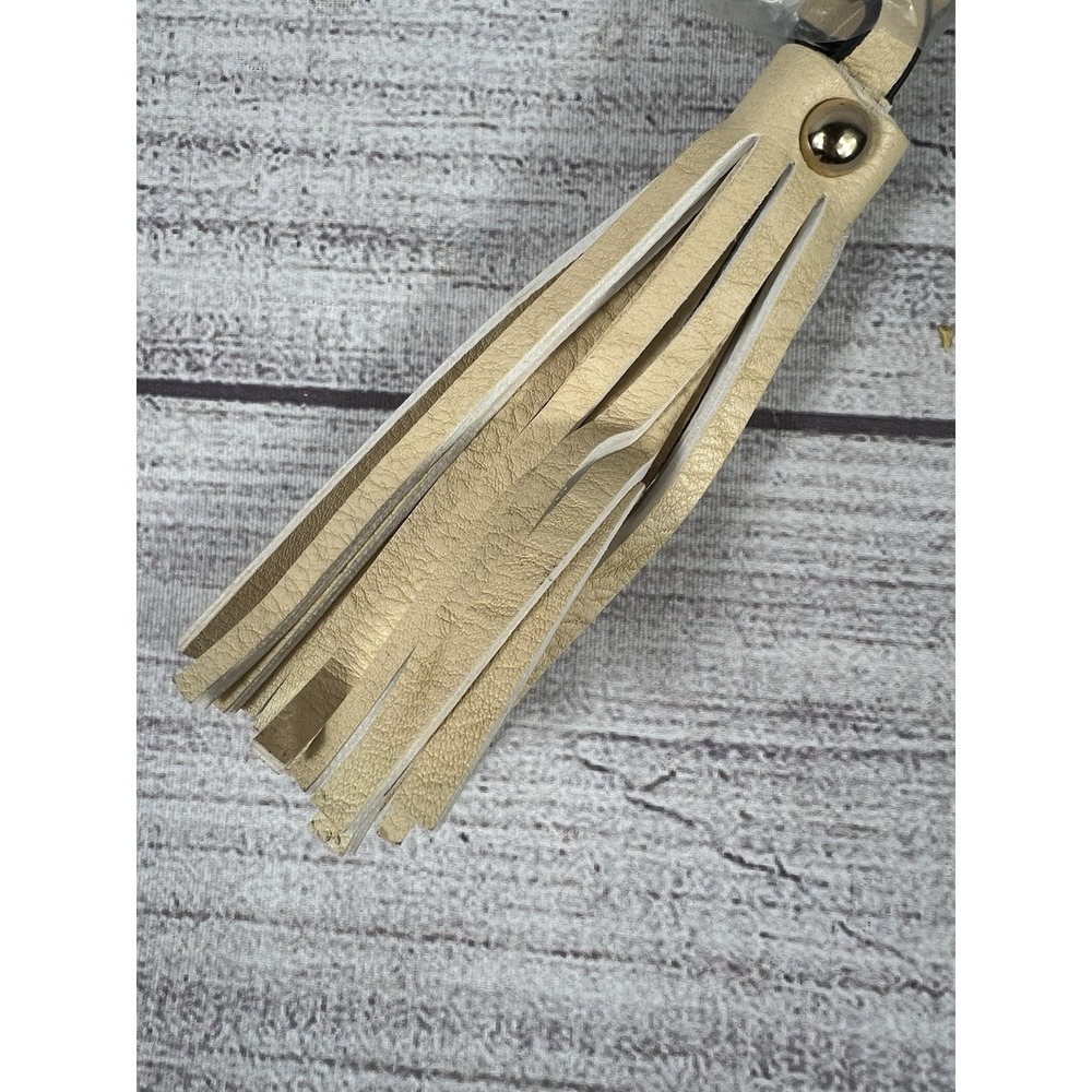 Women's Faux Leather Tassel Bag Charm Keychain Boho Beige Gold Tone New - Picture 3 of 3